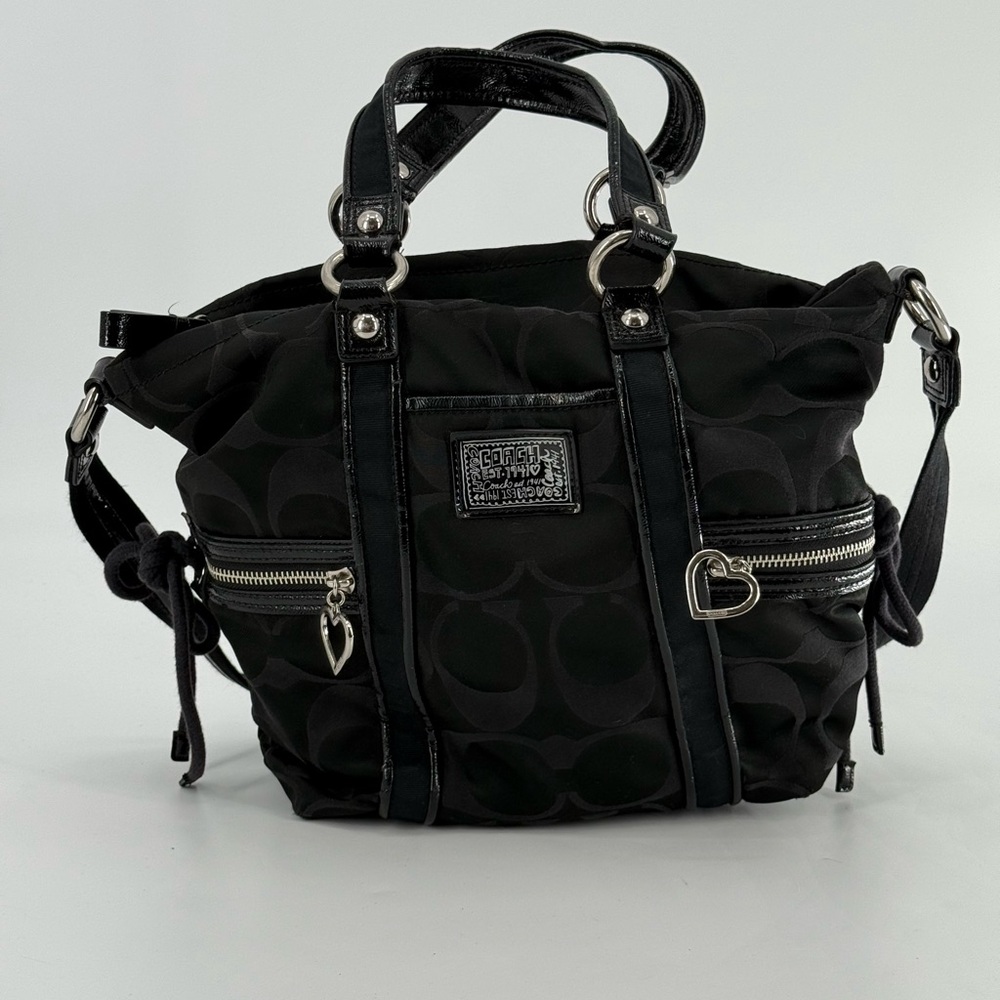 Coach Black Signature Fabric and Patent‎ Leather Daisy Tote